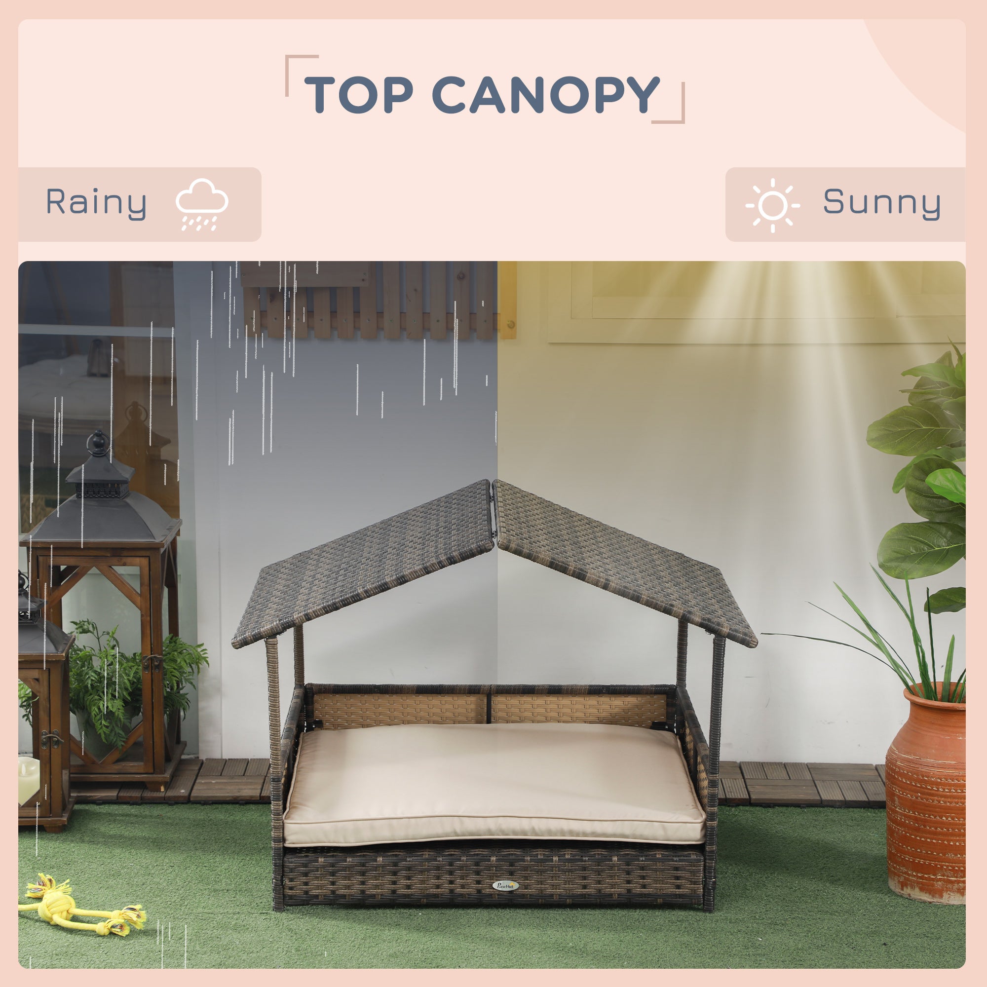 Cama de ratán exterior, con base elevada, techo inclinado y espacio bien ventilado e impermeable