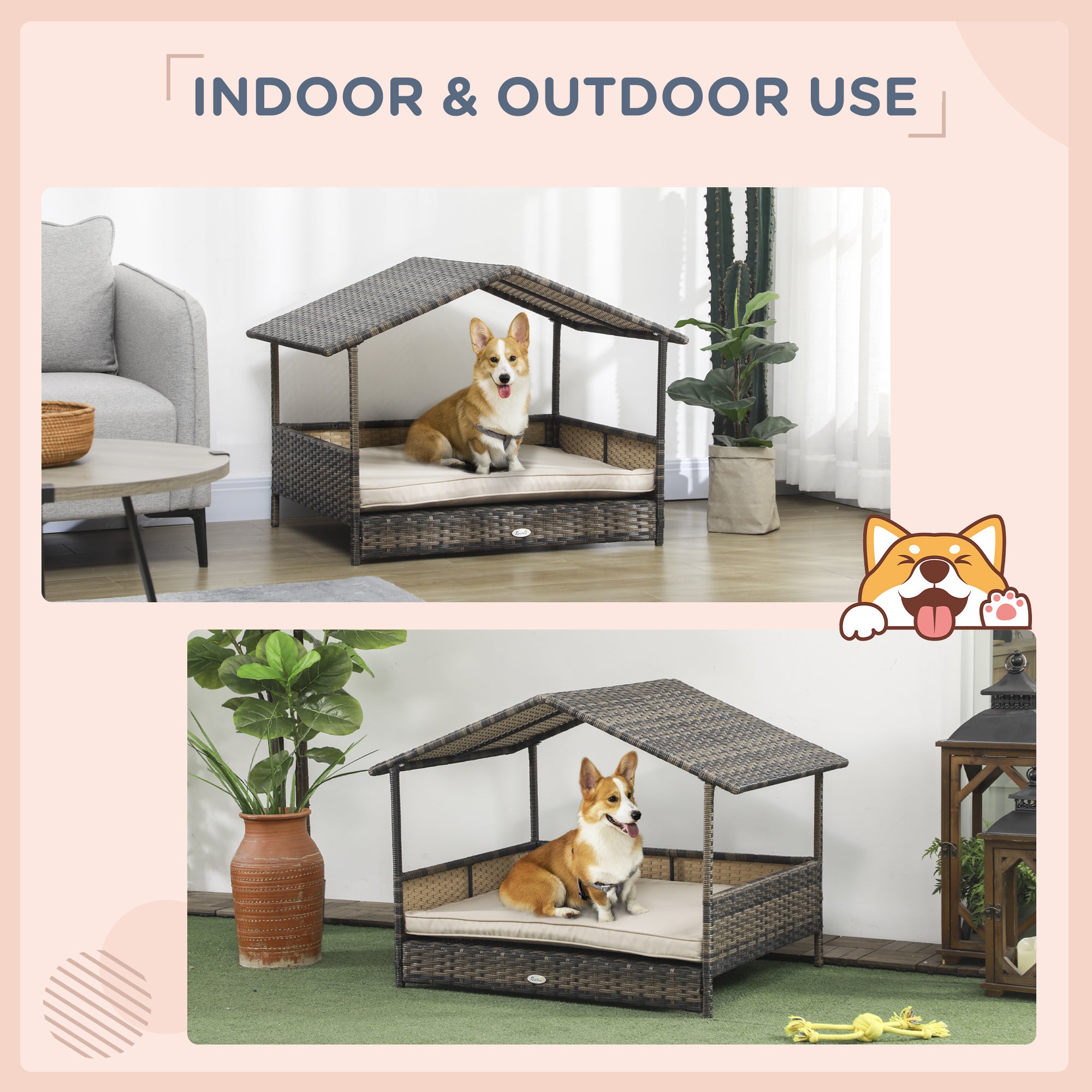 Cama de ratán exterior, con base elevada, techo inclinado y espacio bien ventilado e impermeable