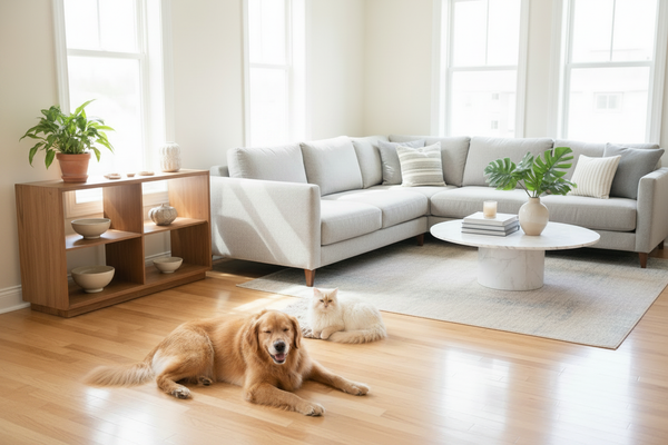 Casa limpia con mascotas en primer plano