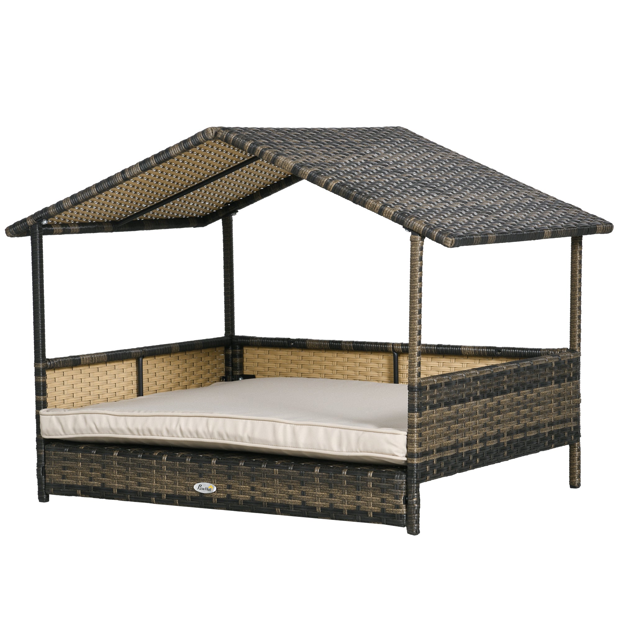 Cama de ratán exterior, con base elevada, techo inclinado y espacio bien ventilado e impermeable