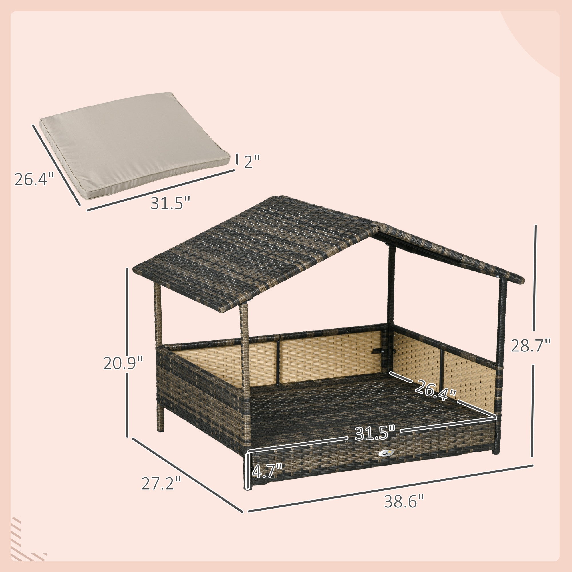 Cama de ratán exterior, con base elevada, techo inclinado y espacio bien ventilado e impermeable