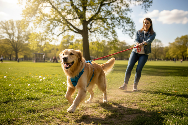 Perro tirando del arnés en el paseo