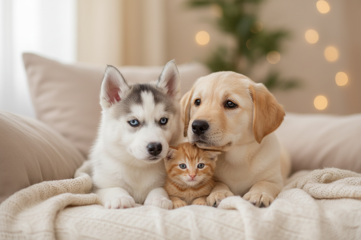 Tres bebés sobre cojines con fondo difuminado